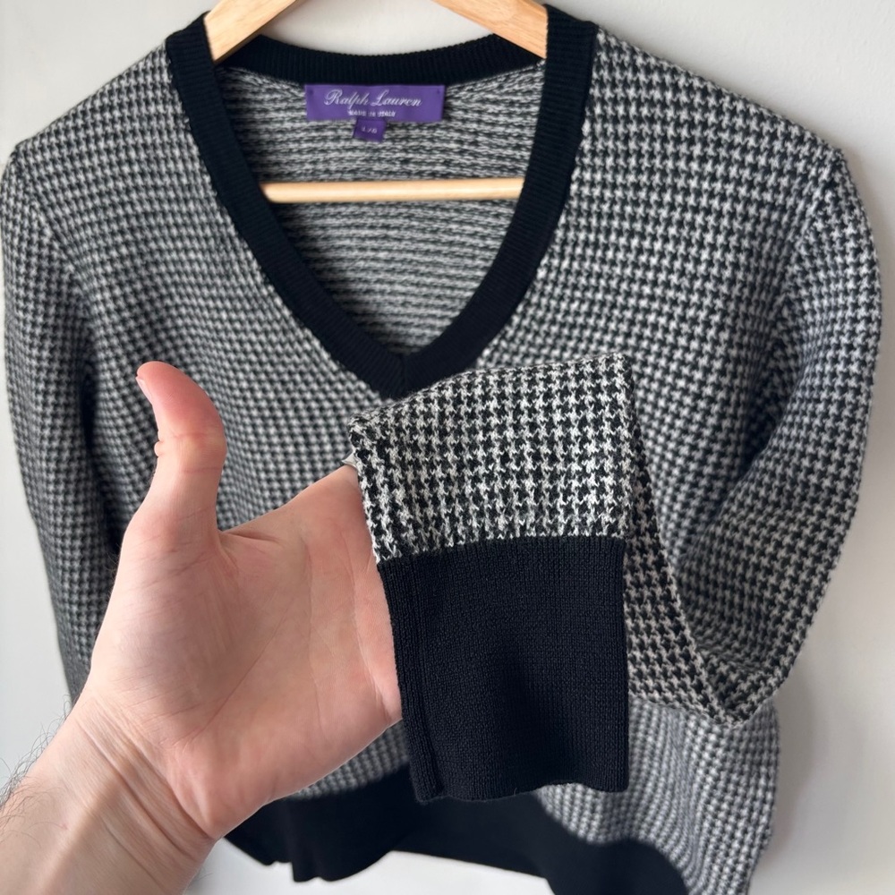 Ralph Lauren Purple Label Houndstooth Merino Wool V-Neck Sweater Size L Jacquard - Picture 6 of 14